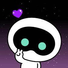 A fanart picture of Woottee from The Astronaut with his hand up in a peace symbol and a purple heart above his head