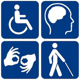 Four blue squares wih white disability symbols. Top left a person in a wheelchair, top right an outline of a person with their brain coloured white, bottom left sign language, bottom right a person with a walking stick